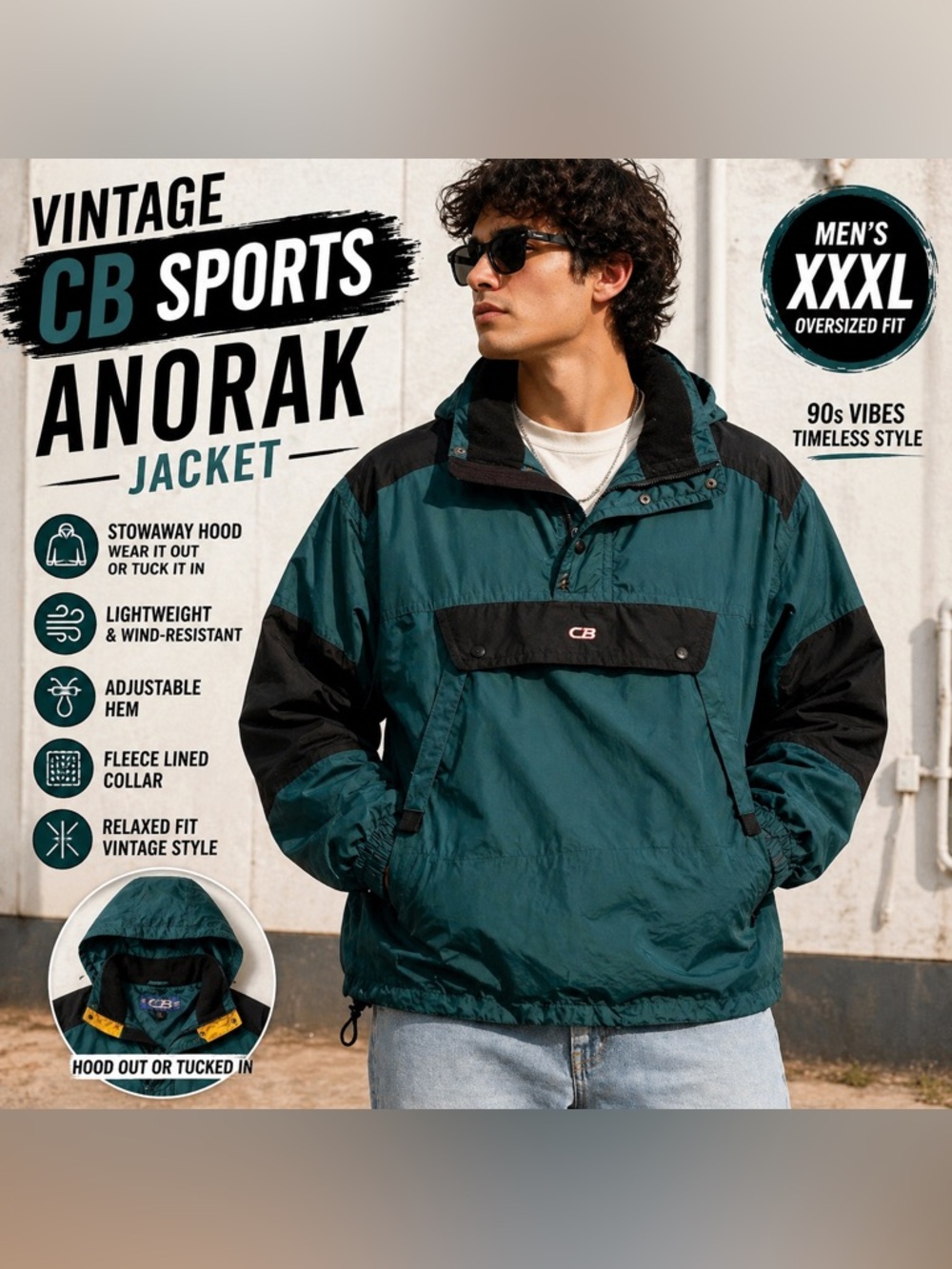 Vintage CB Sports Anorak Jacket XXXL Green Black Pullover Hooded